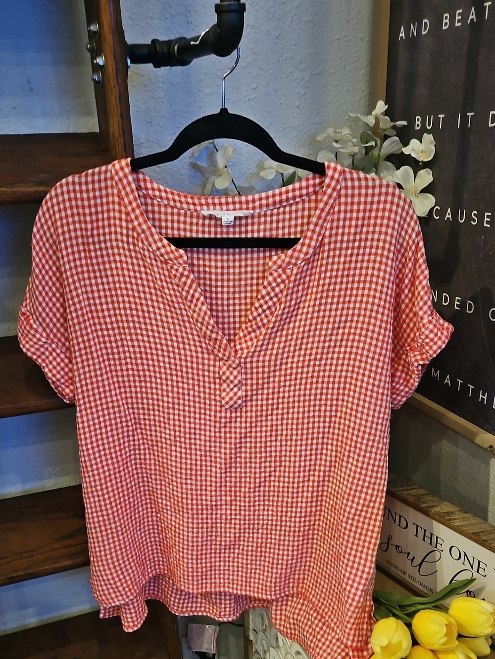 Jane and Delancey Red Gingham Split V-Neck Short Sleeve Top